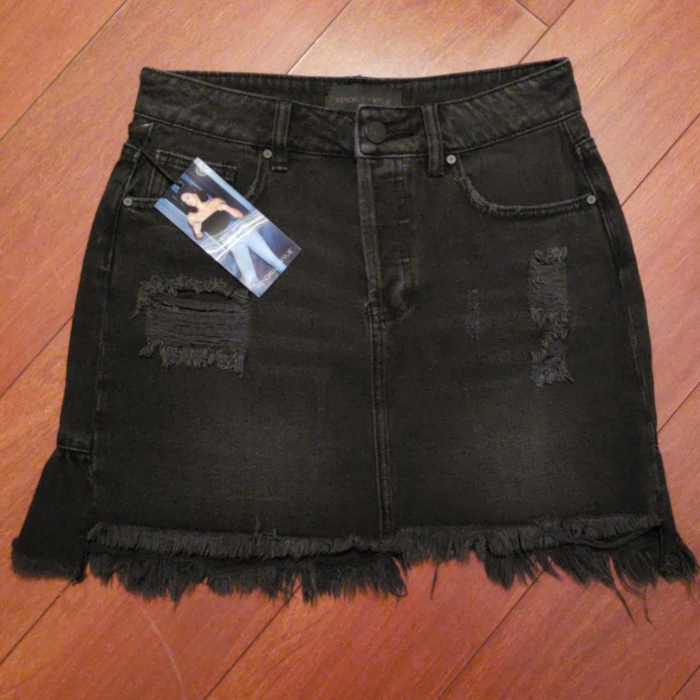 KENDALL + KYLIE Destroyed Denim Skirt with Ruffle